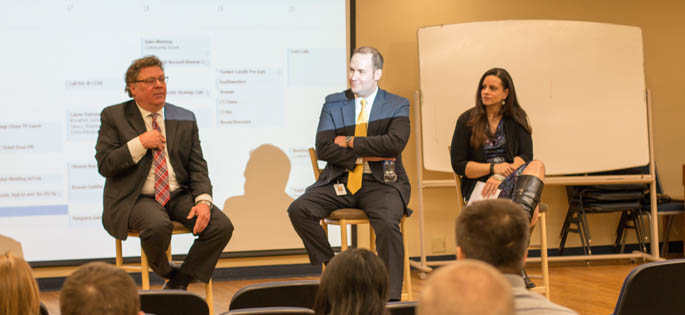 Pictured are executives from WPXI-TV leading a panel discussion at Point Park. | Photo by Victoria A. Mikula