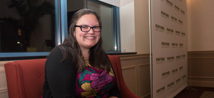 Pictured is M.B.A. student Stephanie Mueller, winner of the 2015 Ethical Leadership Essay Writers Forum. | Photo by Chris Squier