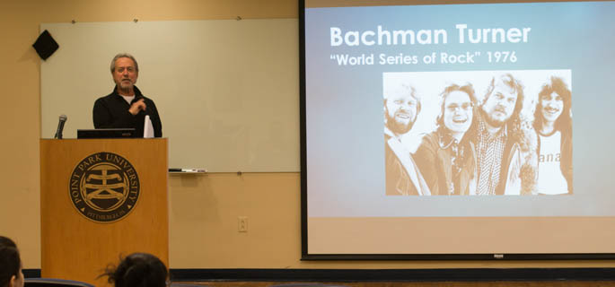 Pictured is SAEM Associate Professor Ed Traversari talking to parents and high school students of WYEP's Reimagine Media program at a workshop on Point Park's campus. | Photo by Victoria A. Mikula