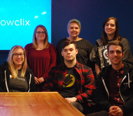 Point Park University at ShowClix alumni pictured left to right are Jessica Merritt, Amy Constantine-Kline and Stephanie Driscoll (back row); Ally Zrowka, David Kennedy and Clayton Stasenko (front row)