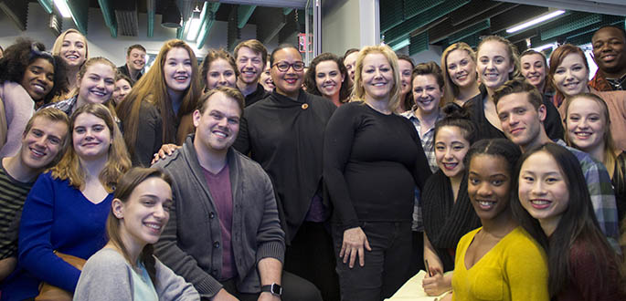 CBS executives with Point Park students in the Center for Media Innovation. Photo | Shayna Mendez