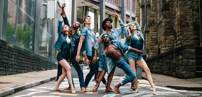 Pictured are Point Park University dance majors in Downtown Pittsburgh. Photo | Katie Ging