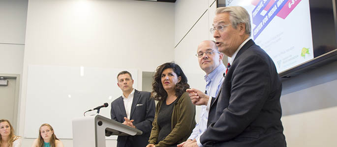 Pictured are Andrew Conte, Salena Zito, Chris Potter and Jon Delano in the Center for Media Innovation. Photo | Shayna Mendez