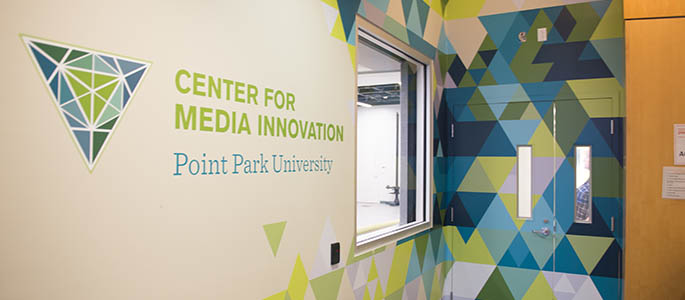 The lobby area of the Center for Media Innovation at Point Park University. Photo | Christopher Rolinson