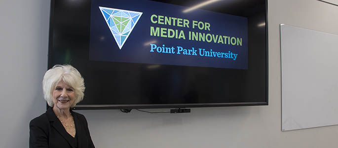 Pictured is Diane Rehm in Point Park University's Center for Media Innovation. Photo | Shayna Mendez