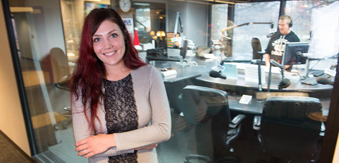 Pictured is School of Communication alumna Kayla Seybert at KDKA Radio. Photo | Christopher Rolinson