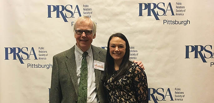 Lauren Joseph and Professor Bob O'Gara at the PRSA Renaissance Awards Ceremony. Photo | Maggie McCauley