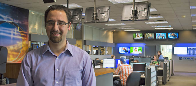 Point Park University student Trever Sheets is an intern at KDKA-TV in Downtown Pittsburgh. Photo | Shayna Mendez