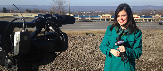 Pictured is School of Communication alumna Kelsie Metzgar, a reporter for WTAJ-TV. Submitted photo. 