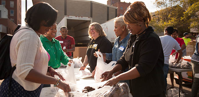 Students in the Ph.D. in community engagement program partnered with the Pittsburgh Food Bank. Photo | Sarah Collins