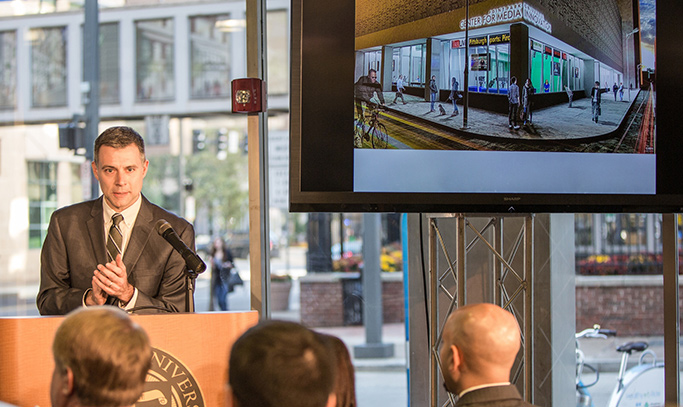 Andrew Conte speaks at the press conference announcing Point Park University's Center for Media Innovation.