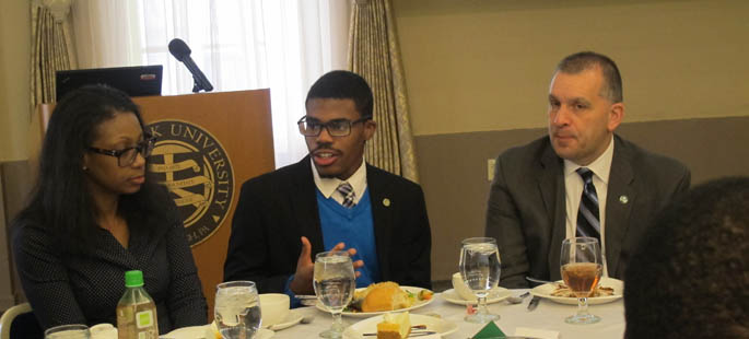 Pictured is Blaine King, president of Point Park's United Student Government, engaged in a roundtable discussion at the 2016 Martin Luther King Jr. Leadership Luncheon. | Photo by Amanda Dabbs