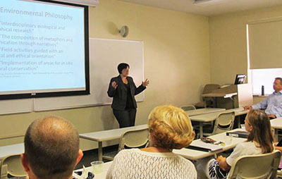 Pictured is Jean Keene presenting in the MSES graduate seminar. Photo by Amanda Dabbs