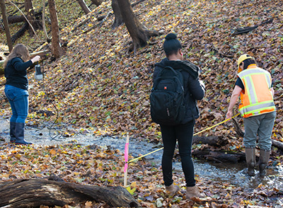 Pictured are MSES students measuring stream flow at Schenley Park. Photo by Brandy Richey