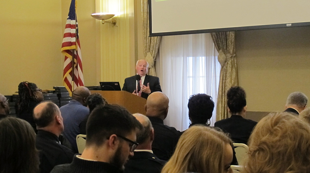 Pictured is Professor Richard Linzer giving the keynote address at teh Pittsburgh Police Years of Service Recognition Ceremony. Photo by Amanda Dabbs