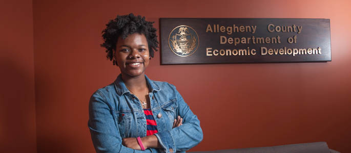 Pictured is Carlene Morgan, global cultural studies student and intern for the Allegheny County Department of Economic Development. | Photo by Chris Rolinson