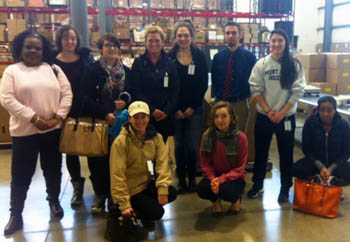 Point Park students pictured left to right in the front row are Mary Smiley, Barbie Theis, Hilary Albert, Claire Hawkins, Stephanie Amandola, Jesse Sharrod (Food Bank Nutritionist) and Angela Robinet. The individuals in the front row are Chloe Callison, Beth Randles (Food Bank Intern) and Nia Clasablanca. | Photo by Dr. Diane Krill