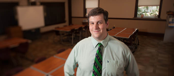 Pictured is Jonathan MacDonald, Point Park secondary education alumnus and English teacher at Oakland Catholic High School. | Photo by Chris Rolinson