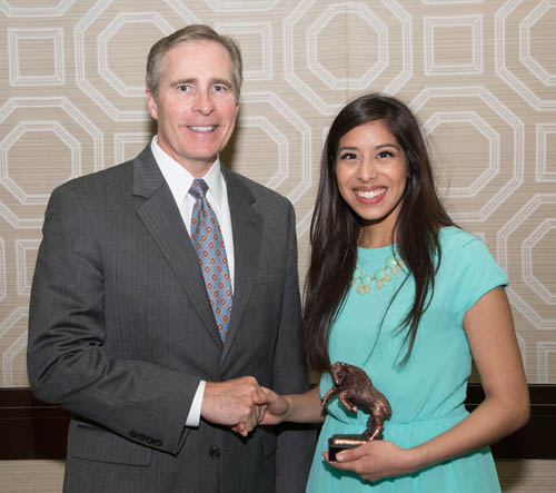 Pictured is education major and outstanding graduating senior Sara Mahmood with Point Park President Paul Hennigan. | Photo by