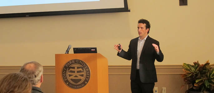 Pictured is Jeremy Snyder, P.E., associate principal for BuroHappold Engineering presenting at Point Park University. | Photo by Amanda Dabbs