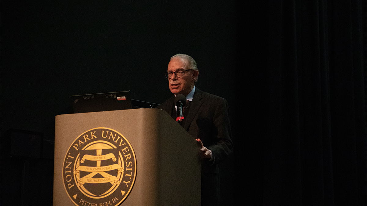 Pictured are the Ambassador Feierstein and Carolyn McIntyre presentations on campus. Photos by Hannah Johnston