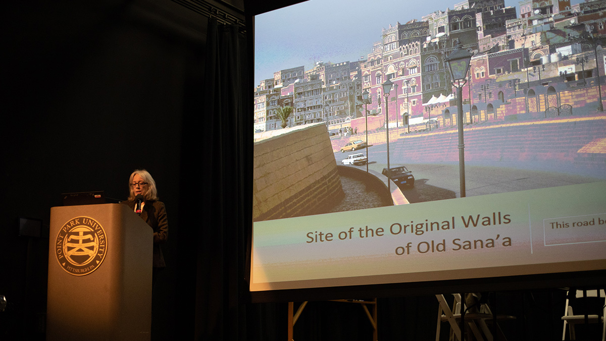 Pictured are the Ambassador Feierstein and Carolyn McIntyre presentations on campus. Photos by Hannah Johnston