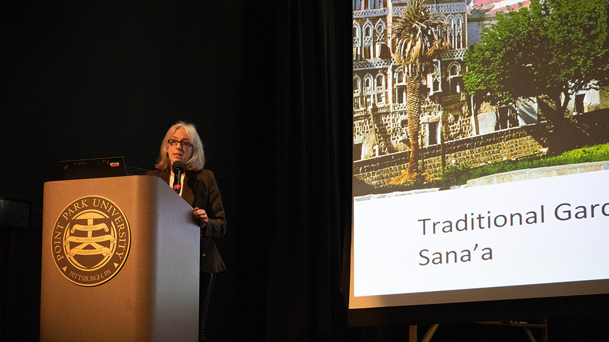 Pictured are the Ambassador Feierstein and Carolyn McIntyre presentations on campus. Photos by Hannah Johnston