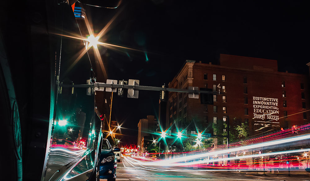 Pictured is the Point Park campus at night. Photo by Nathaniel Holzer.