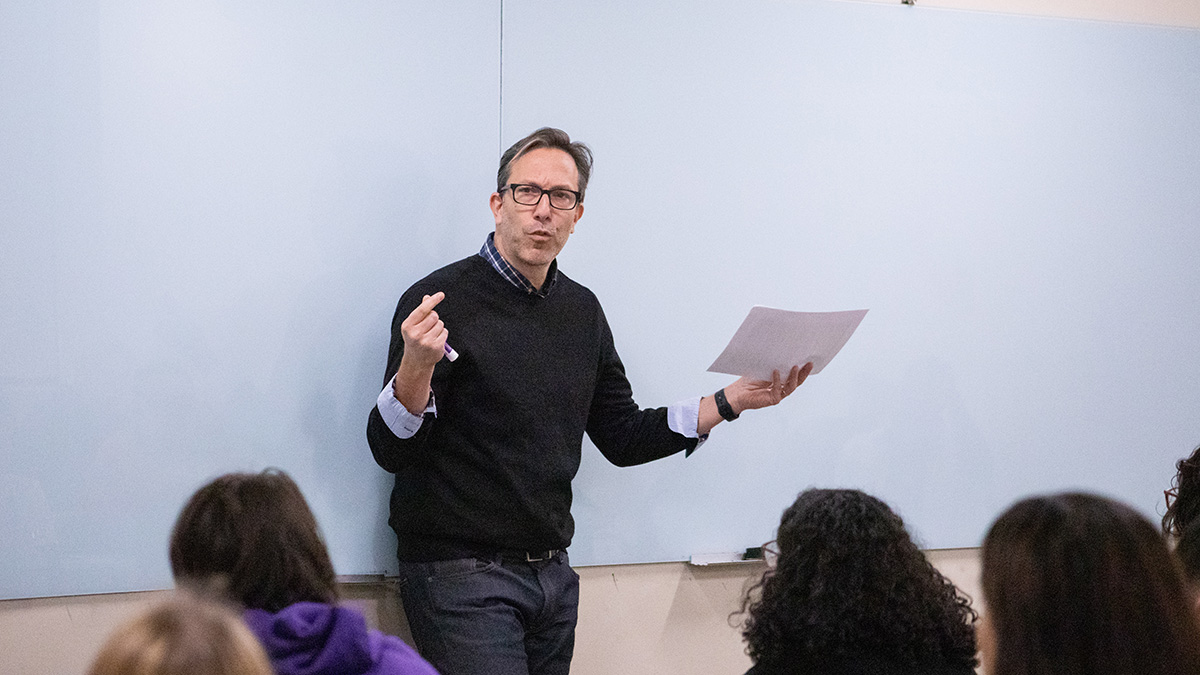 Pictured is the guest writer event with John Fried. Photo by Hannah Johnston