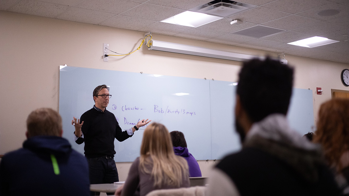 Pictured is the guest writer event with John Fried. Photo by Hannah Johnston