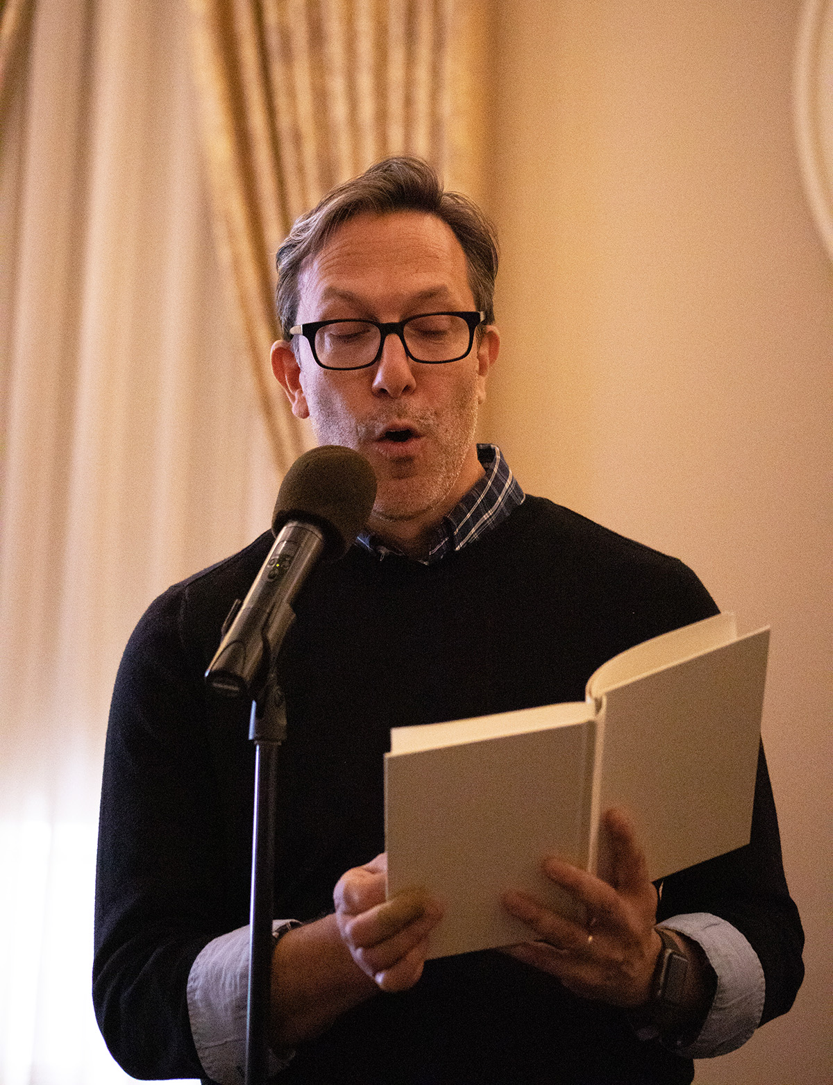 Pictured is the guest writer event with John Fried. Photo by Hannah Johnston