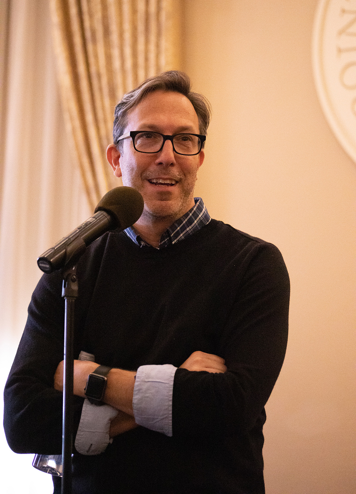 Pictured is the guest writer event with John Fried. Photo by Hannah Johnston