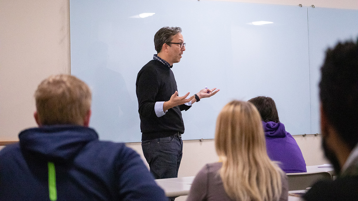 Pictured is the guest writer event with John Fried. Photo by Hannah Johnston