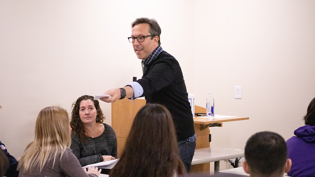 Pictured is the guest writer event with John Fried. Photo by Hannah Johnston