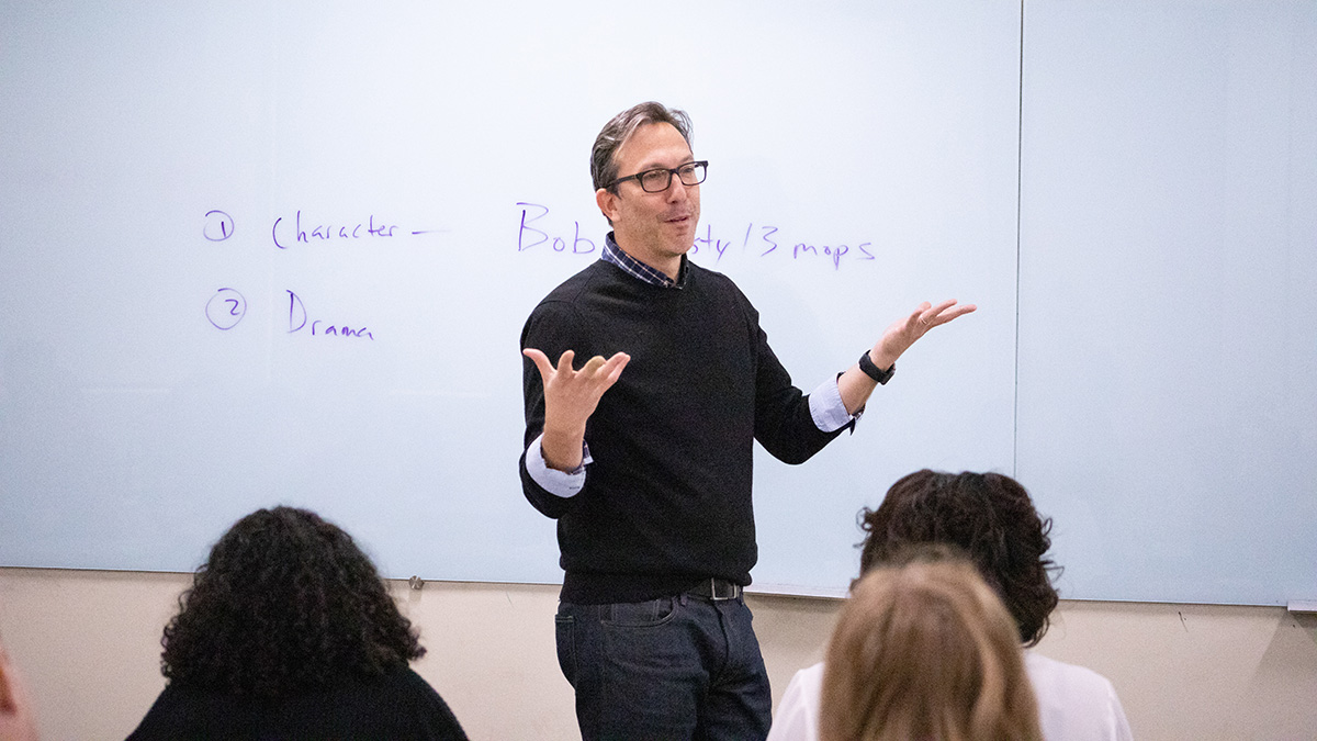 Pictured is the guest writer event with John Fried. Photo by Hannah Johnston