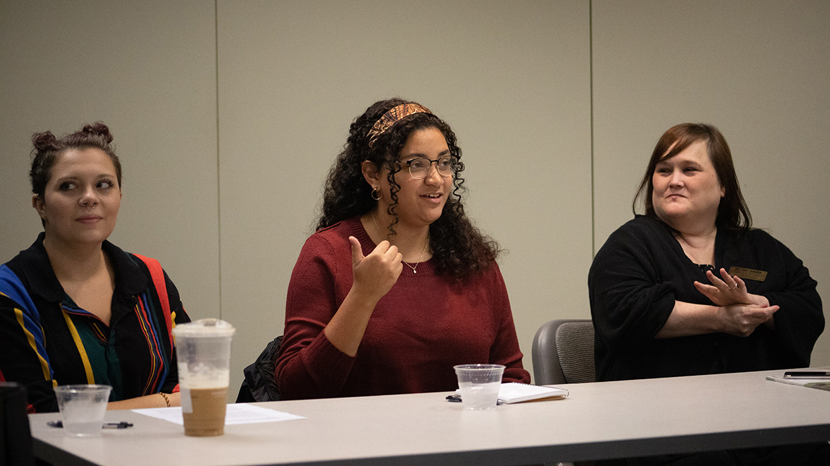 Pictured is the fall 2019 Literary Arts and Social Justice department co-op and internships panel. Photo by Hannah Johnston.