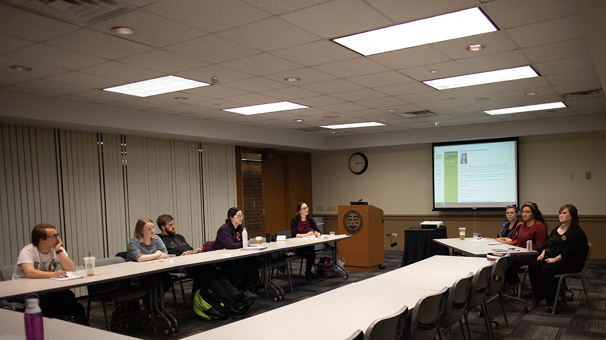 Pictured is the fall 2019 Literary Arts and Social Justice department co-op and internships panel. Photo by Hannah Johnston.