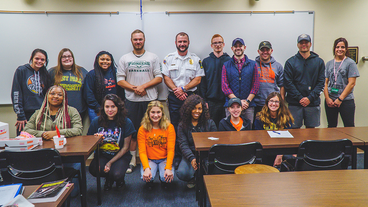 Pictured is Major Adam Smith from the Allegheny County Jail talking with criminal justice students. Photos by Emma Federkeil.