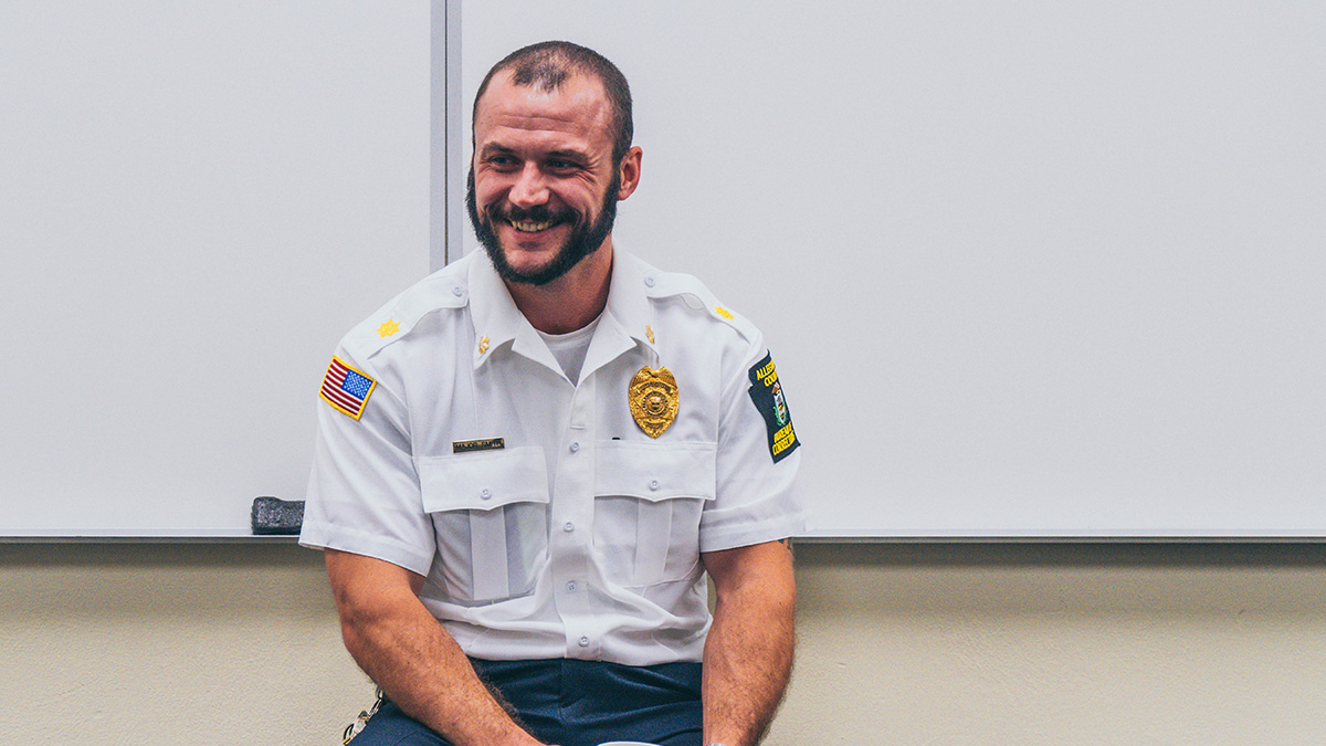 Pictured is Major Adam Smith from the Allegheny County Jail talking with criminal justice students. Photos by Emma Federkeil.