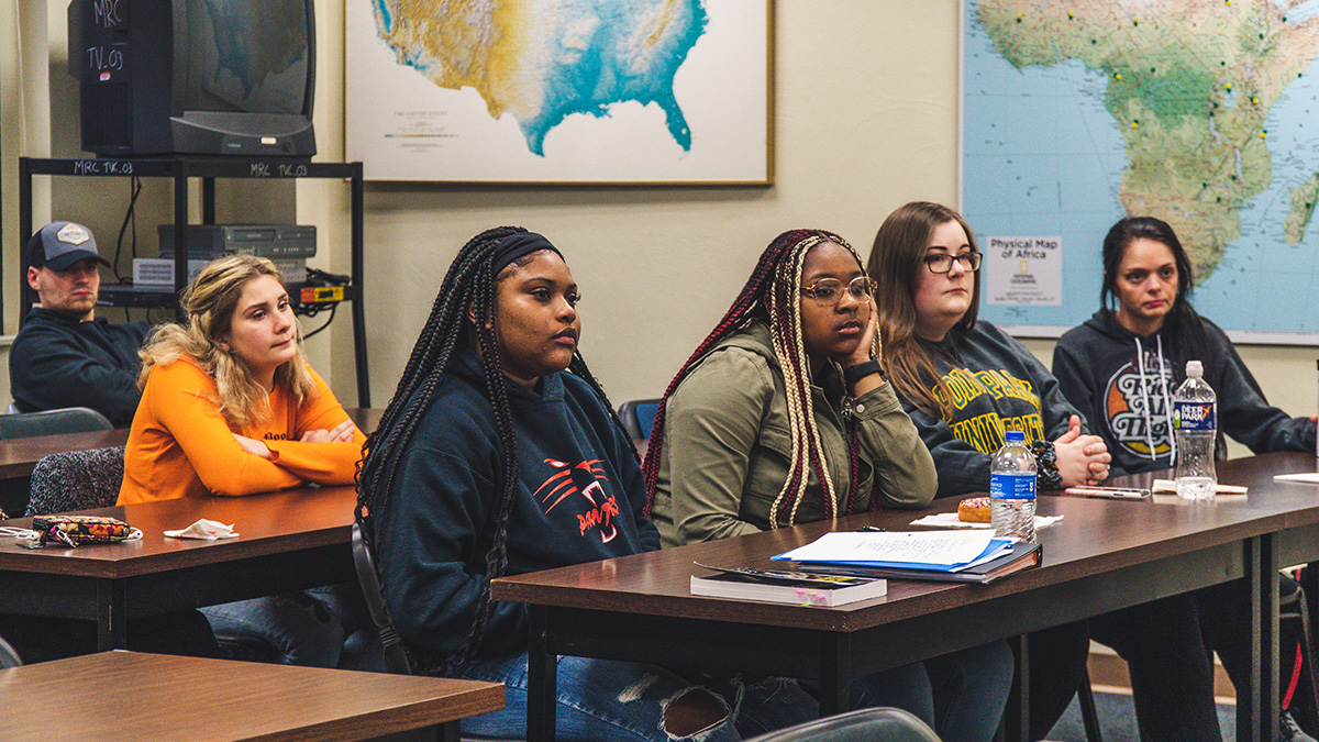 Pictured is Major Adam Smith from the Allegheny County Jail talking with criminal justice students. Photos by Emma Federkeil.