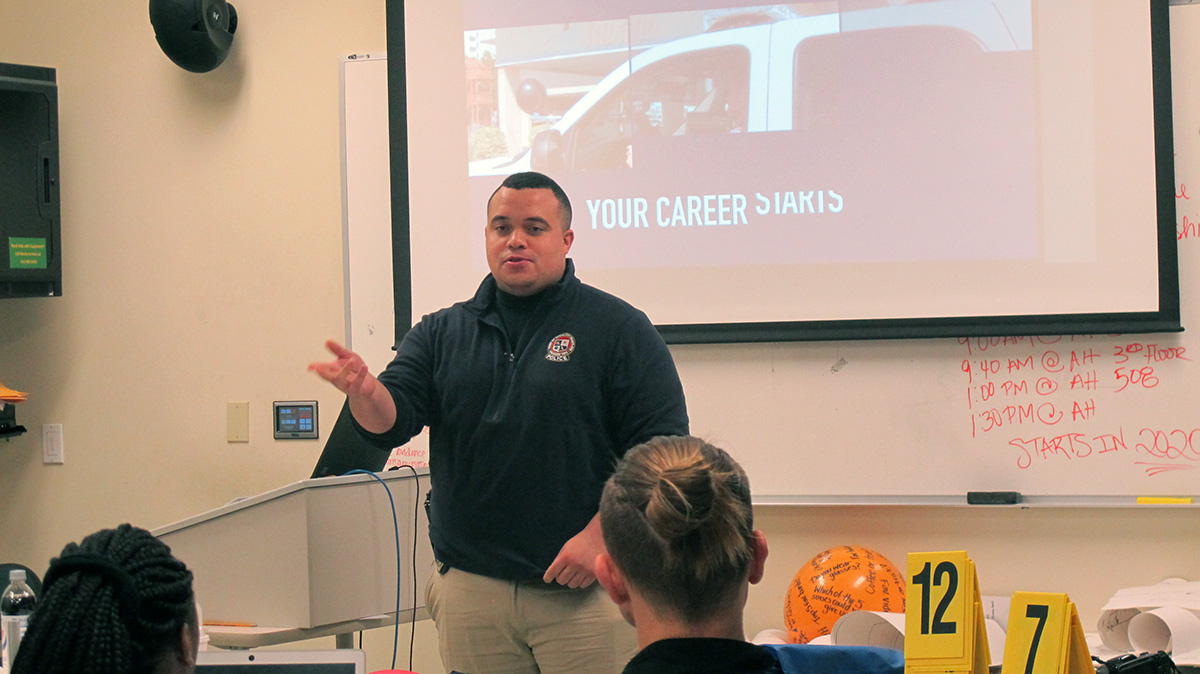 Pictured are Ocean City Police Department officers presenting at Point Park University. Photo by Amanda Dabbs