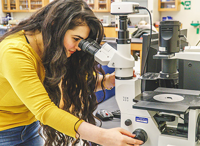 Pictured is Point Park student Raniah Al Bayati in the lab. Photo by Emma Federkeil