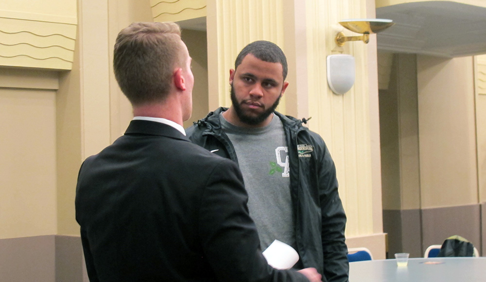 Pictured is alumnus Thaddeus Covaleski speaking with student Jared Ross. Photo by Amanda Dabbs