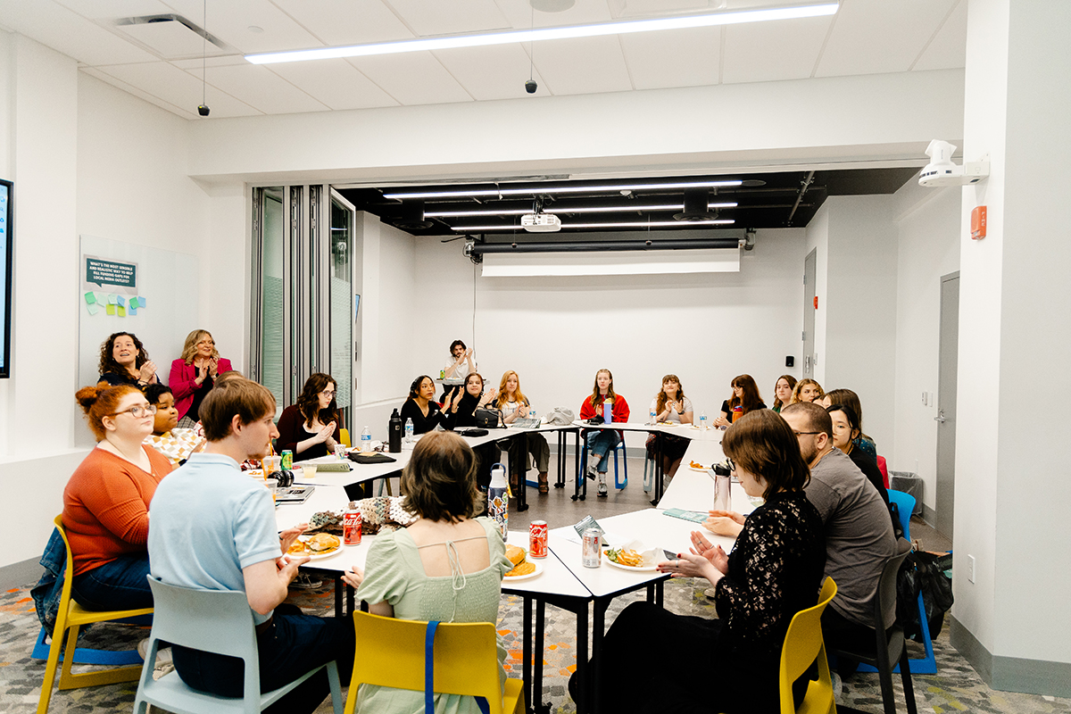 Pictured are students, faculty and staff during a breakout session at the Literature, Culture & Society and Honors Program Symposium. Photo by Ethan Stoner '26.