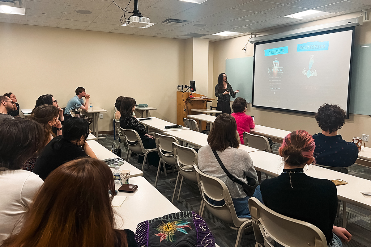 Alexandra Bell gives a presentation at the Literature, Culture & Society Symposium. Photo by Nadia Jones '25.