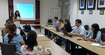 Pictured is Helena Knorr, Ph.D. presenting at ESPOL in Ecuador. Photo submitted by Knorr.
