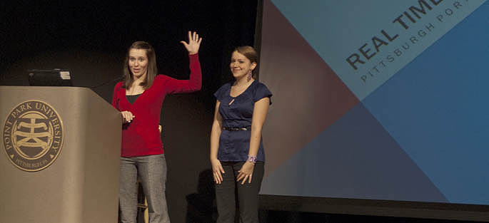 Caitlin Atkinson and Rebecca Wood give their presentation for the 2010 Business Plan Contest. The pair took the top prize. | Photo by Gabrielle Mazza