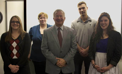 The winners of the 2012 Business Plan Contest pictured left to right are Erin Faight, Christina Rullo, Alec Robertson and Shannon Lowery with School of Business adjunct faculty member Michael Brna, Ph.D. (center).