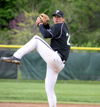 Economics and finance student Derek Peluso is pictured pitching for the Point Park Pioneers baseball team.