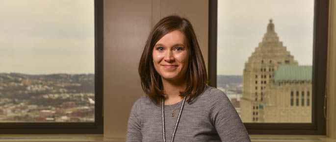 Pictured is Elizabeth Andreakos, 2013 business alumna and assistant facility manager for CBRE. | Photo by Jim Judkis